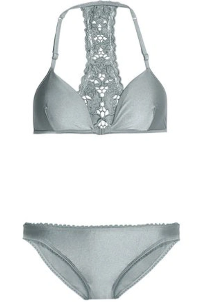 Zimmermann Lace-trimmed Metallic Triangle Bikini In Grey Green