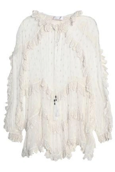 Zimmermann Woman Broderie Anglaise-trimmed Embroidered Silk-georgette Tunic Ivory