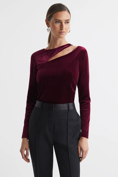 Reiss Mila Cut-out Slim-fit Stretch-velvet Top In Berry