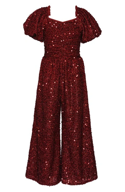 Hannah Banana Kids' Sequin Puff Sleeve Wide Leg Jumpsuit In Burgundy