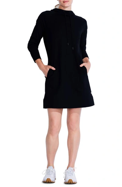 Nz Active By Nic+zoe Long Sleeve Brushed Terry Hooded Sweater Dress In Black Onyx