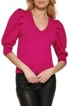 Dkny Puff Sleeve V-neck Sweater In Electric Fushia