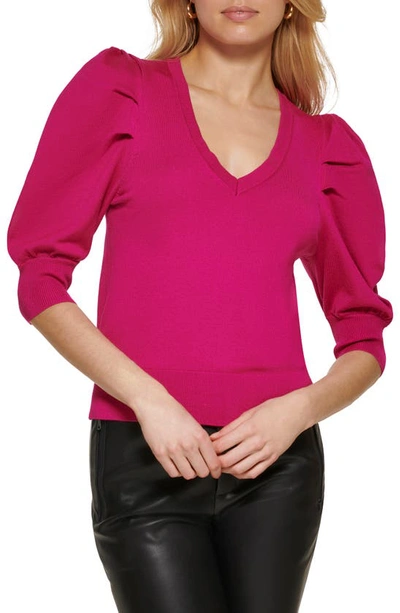 Dkny Puff Sleeve V-neck Sweater In Electric Fushia