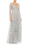 Mac Duggal Floral Appliqué Long Sleeve Lace A-line Gown In Platinum