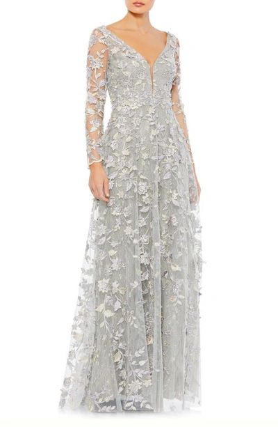 Mac Duggal Floral Appliqué Long Sleeve Lace A-line Gown In Platinum