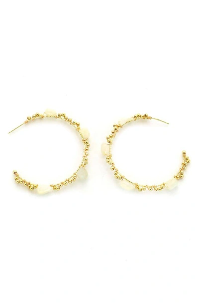 Panacea Gold Bead & Stone Hoop Earrings In White