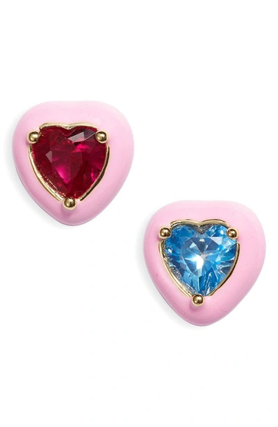 Bonbonwhims Mini Lucky Cubic Zirconia Heart Stud Earrings In Red/ Blue/ Pink