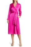 Tahari Asl Long Sleeve Hammered Satin Faux Wrap Midi Shirtdress In Shocking Pink