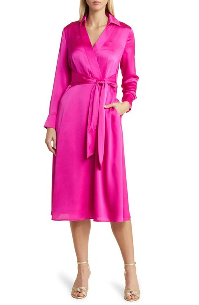 Tahari Asl Long Sleeve Hammered Satin Faux Wrap Midi Shirtdress In Shocking Pink