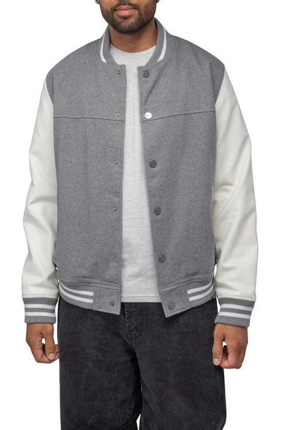 X-ray Mixed Media Faux Leather Bomber Jacket In Grey/white