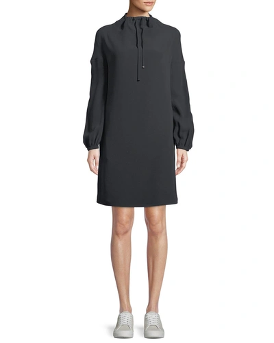 Loro Piana Abbie High-neck Long-sleeve Short Silk Shift Dress In Black