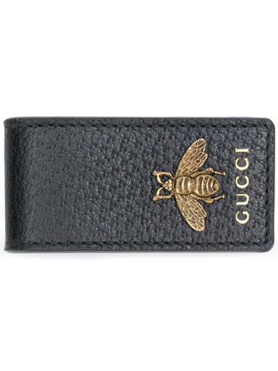 Gucci Bee-embellished Leather Money Clip In Black Leather