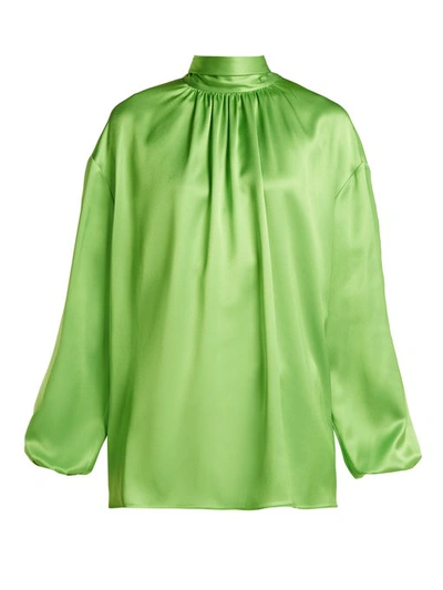 Prada Long-sleeve High-neck Silk Top W/ Back Bow, Green