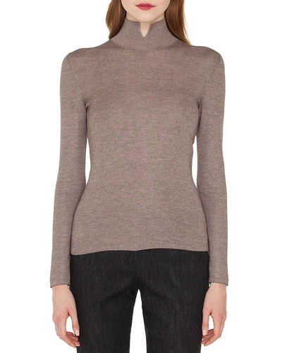 Akris Mock-neck Long-sleeve Cashmere-silk Knit Pullover Sweater In Brown/white