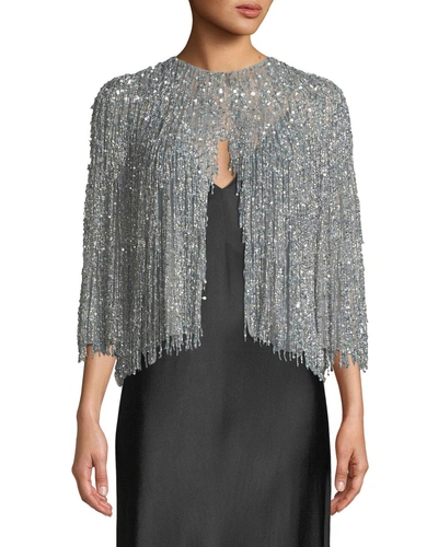 Naeem Khan Fringe Beaded Evening Jacket In Silver