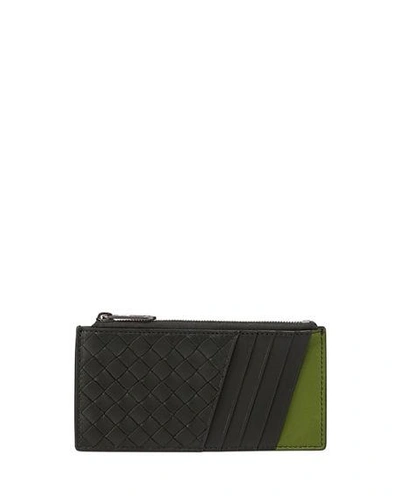 Bottega Veneta Men's Zip-top Intrecciato Leather Card Case In Green