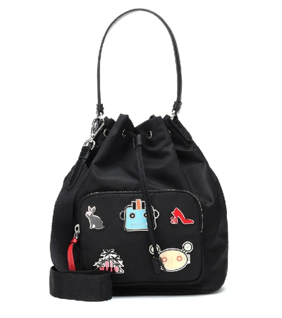 Prada Large Nylon Drawstring Pouch With Grpahic Appliqu&eacute;s In Black