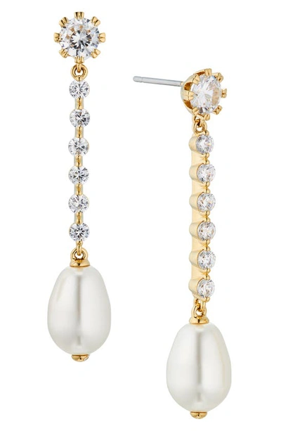 Nadri Crystal Imitation Pearl Linear Earrings In White/gold