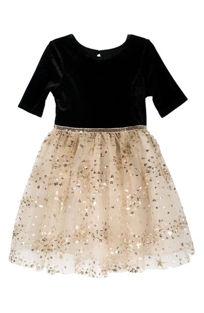 Zunie Kids' Sequin Velvet & Mesh Party Dress In Black Champagne