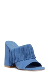 Stuart Weitzman Tia Fringe Slide Sandal In Blue Steel Leather