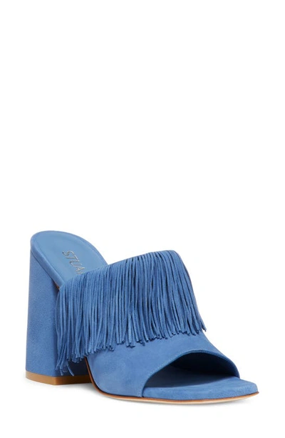 Stuart Weitzman Tia Fringe Slide Sandal In Blue Steel Leather