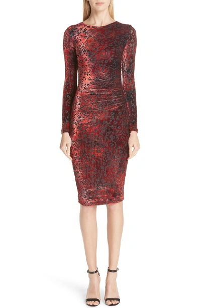 Fuzzi Long-sleeve Leopard Animal-pattern Velvet Cocktail Dress In Rosso