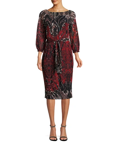 Fuzzi 3/4-sleeve Belted Damask-print Tulle Dress