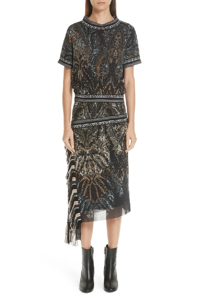 Fuzzi Paisley-print Tulle Blouson Dress W/ Asymmetric Fringe In Nero