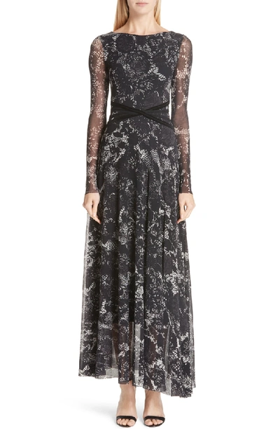 Fuzzi Floral Lace Long-sleeve Wrap-waist Maxi Dress In Nero