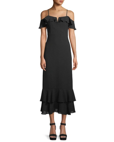 Donna Mizani Siren Cold-shoulder Sheath Midi Crepe Dress W/ Ruffled Frills In Black