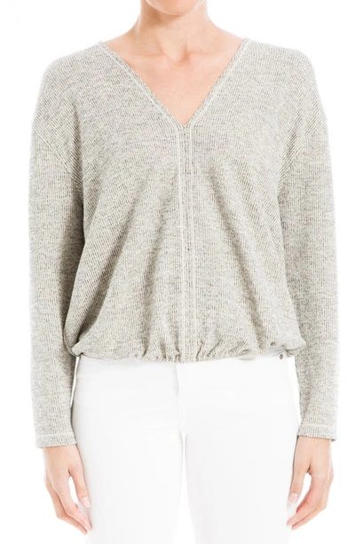 Max Studio V-neck Long Sleeve Rib Knit Bubble Top In Oatmeal/ Black