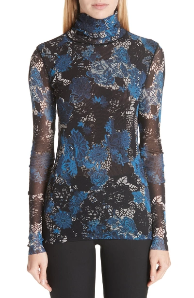 Fuzzi Floral Lace Printed Tulle Turtleneck Top In Universo