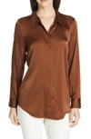 Eileen Fisher Long-sleeve Silk Charmeuse Button-front Shirt, Petite In Nutmg