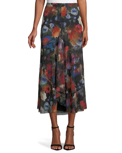 Fuzzi Long Floral-print Tulle Godet Skirt In Sapphire