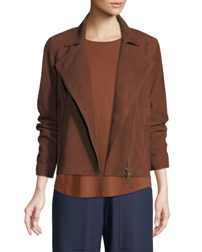 Eileen Fisher Asymmetrical Zip Suede Jacket In Nutmeg