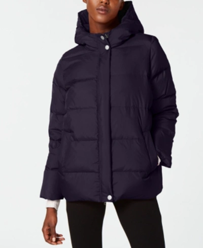 Eileen Fisher Quilted Nylon Hooded Down Puffer Coat In Midnight