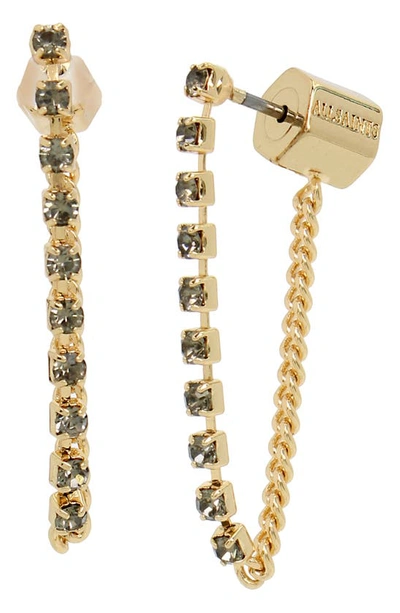 Allsaints Rhinestone Chain Front To Back Earrings In Gold Tone In Black/gold