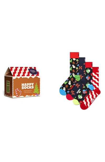 Happy Socks Assorted 4-pack Gingerbread House Crew Socks Gift Set In Red