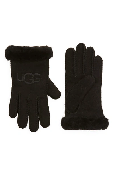 Ugg (r) Logo Embroidered Suede & Genuine Shearling Gloves In Black
