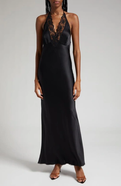 Sir Aries Lace Trim Halter Silk Gown In Black