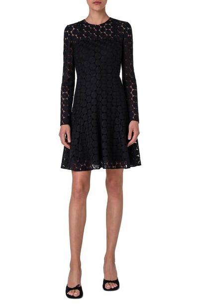 Akris Punto Dot Guipure Lace Long Sleeve Fit & Flare Dress In Black