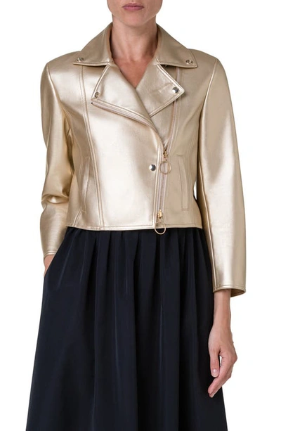 Akris Punto Metallic Faux Leather Moto Jacket In Gold