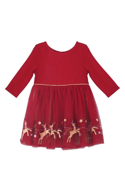 Zunie Babies' Long Sleeve Embroidered Reindeer Dress In Red/ Gold