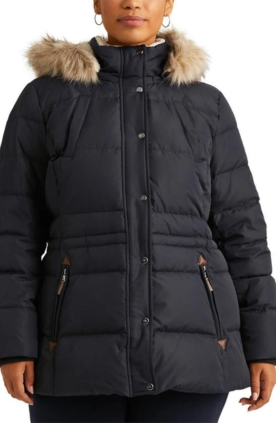 Lauren Ralph Lauren Icon Faux Fur Trim Quilted Down & Feather Fill Hooded Puffer Coat In Dark Navy