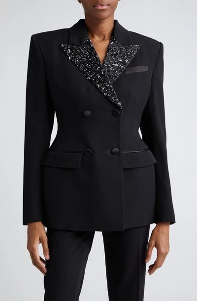 Versace Baroccodile Beaded Lapel Double Breasted Virgin Wool Blazer In Black