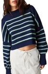 Free People Easy Street Stripe Rib Crop Sweater In Navy Combo
