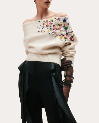 Hellessy Bruno Button Embellished Off-shoulder Wool Cashmere Jumper In White