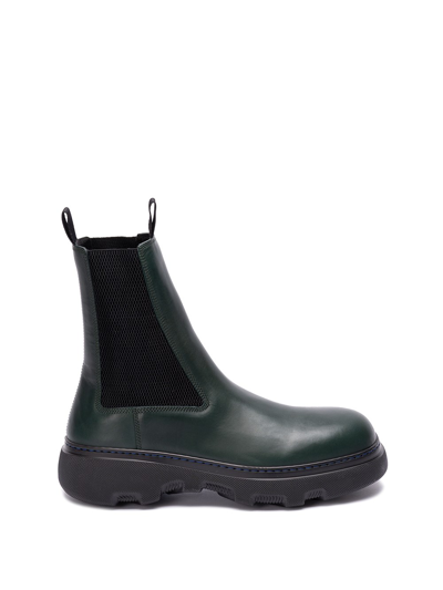 Burberry `creeper Chelsea` Leather Boots In Dark Green