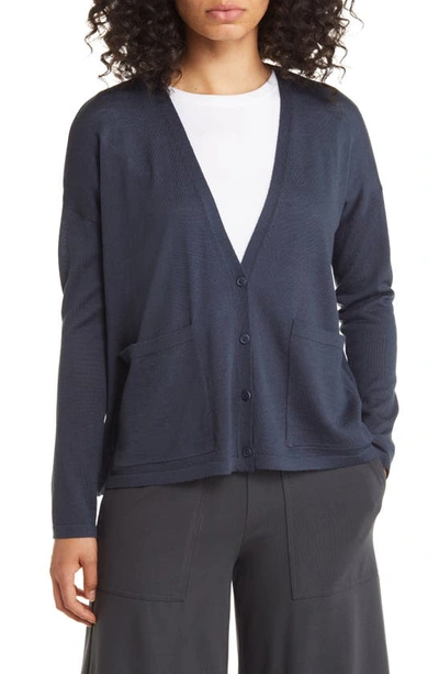Eileen Fisher V-neck Merino Wool Cardigan In Blue Moon