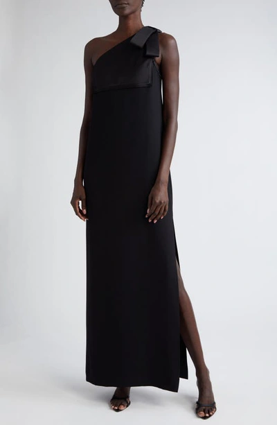 St John One-shoulder Crepe Back Satin Column Gown In Black